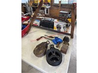 Assorted Primitives: Saw, 2 Pulleys, Draw Knife, C