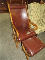 SOLID WOOD FRAME LEATHER CHAIR W/ OTTOMAN