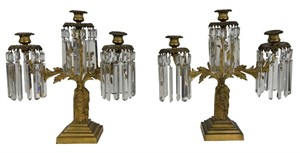 PAIR OF FIRE GILDED CLASSICAL GIRONDOLES W/ PRISMS