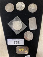 Silver coins and bars.