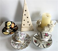 3 Cups & Saucers & Candle Holders