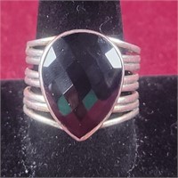 .925 Silver Ring with Faceted Black Stone, sz 11