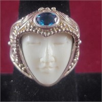 .925 Silver Sajen Goddess Face ring with blue