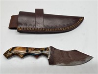Damascus Steel Knife with Leather Sheath, 8in L