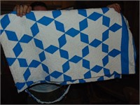 hand stitched quilt, blue and white