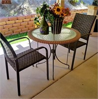 J - PATIO TABLE, 2 CHAIRS & FAUX FLOWERS