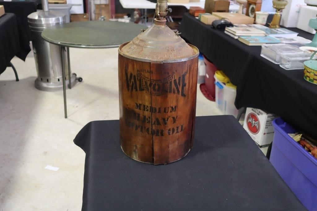 Valvoline 5 Gal tin and wood covered oil jug with