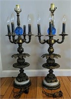 Pair of Antique Brass / Marble / Glass Lamps