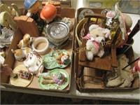 6 flats w/ figurines, glass trinket boxes, candles