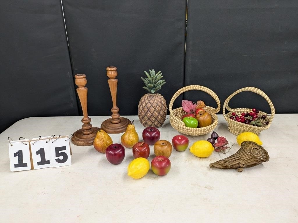 Wooden Candlestick Holders, Baskets, Fruit