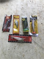 5 fishing lures and baits in packages