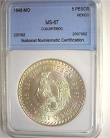 1948-MO 5 Pesos NNC MS67 Cuauhtemoc