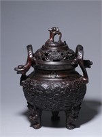 Chinese Zitan Wood Tripod Carved Censer