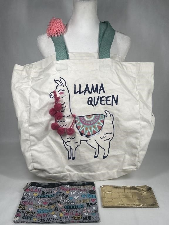 Llama Queen Tote, City & Metallic Pouch