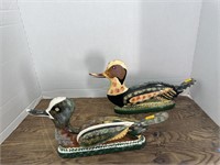 2 hand painted Wooden Ducks, 12in and 13in long