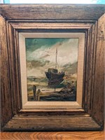 Framed Ship Oil Painting