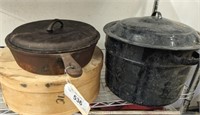 GROUP- CHEESE BOX, CASE IRON POT AND CANNING POT