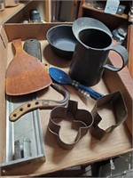 Box Flat of Kitchen Metal Items & Wooden Paddle