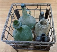 Primitive Wire Milk Crate With Bottles