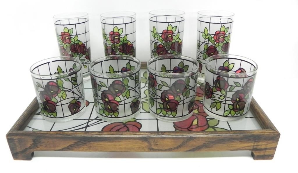 CUTLER ROSE DRINKING GLASSES & SERVING TRAY