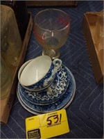 Assorted blue dishes, bud glass and more