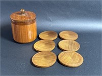 Six Piece Wooden Coaster Set and Jar