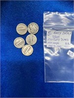 5- Early Date Silver Mercury Dimes 1918 to 1940