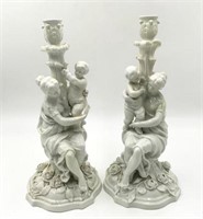 Pr. Meissen Mother & Child Porcelain Candlesticks.