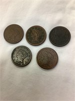 1842-1846 Large Pennies, 5 coins