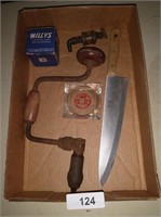 Carvel Hall Knife, Glass Ashtray, Hand Drill &