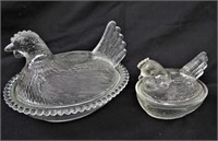 2- CLEAR GLASS HEN ON NEST CANDY DISHES