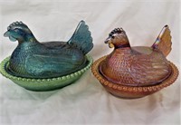 2- CARNIVAL GLASS HEN ON NEST CANDY DISHES