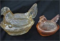 2-ROSE AND PEACH GLASS HEN ON NEST CANDY DISHES