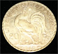 1905 France Gold 20-Francs French Rooster Coin