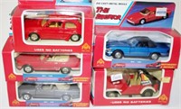 Five MCTOY vintage pull back model cars