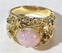 18K Gold & Iridescent Stone Ring Sz 6.5