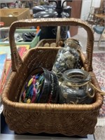 Woven Basket, Sewing Supplies and Buttons