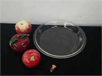 Pyrex pie plate, and decorative Apple candle