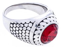 Gents Stainless Steel Ruby Red Round Bezel Set Sto