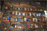 CONTENTS ON SHELF- SPRAY PAINT, OIL STAIN & MORE