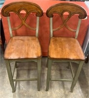 Pair of Carved Wooden Green Accent Barstool Chairs