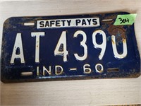 Indiana 1960 safety pays license plate