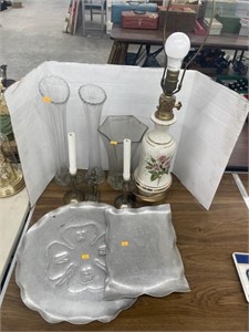 Vintage lamp, vases, metal tray, misc