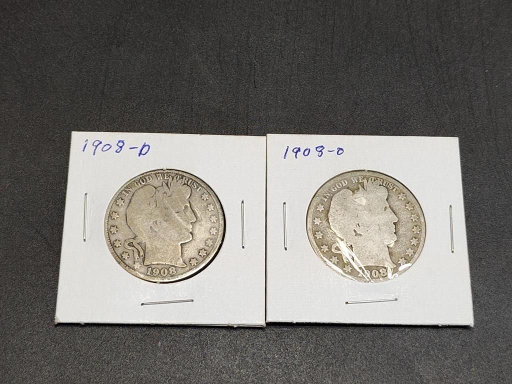 Two 1908 Barber Half Dollars