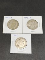 Three 1907 Barber Half Dollars