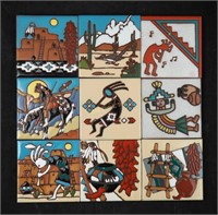 9 Vtg Native American Art 4" Painted Clay Tiles