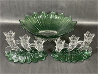 Glass Candlestick & Platter Bowl with Leaf Design