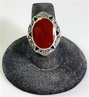 Sterling Lg. Carnelian/Marcasite Ring 7 G Size 7.5