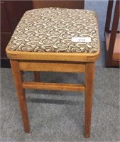 MID CENTURY WOODEN STOOL WITH FABRIC TOP AND