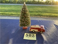 Vintage bottle, brush, Christmas tree, and Tonka